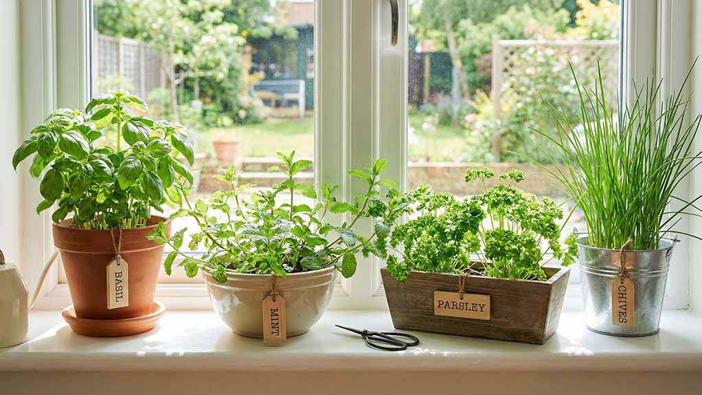 Container garden setup on urban balcony with herbs and vegetables
