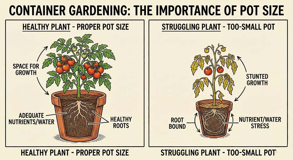 Common container gardening mistakes showing undersized pots
