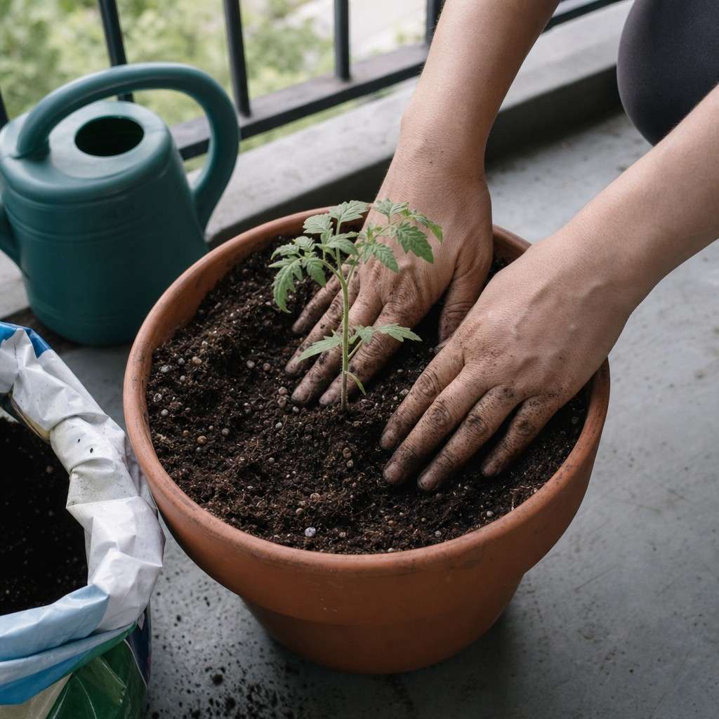 Hands firming potting mix around a young seedling in a large pot