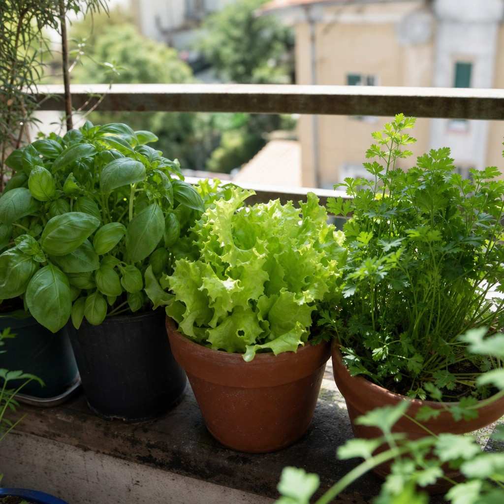 Beginner-friendly herbs and lettuce growing in small pots on a sunny windowsill