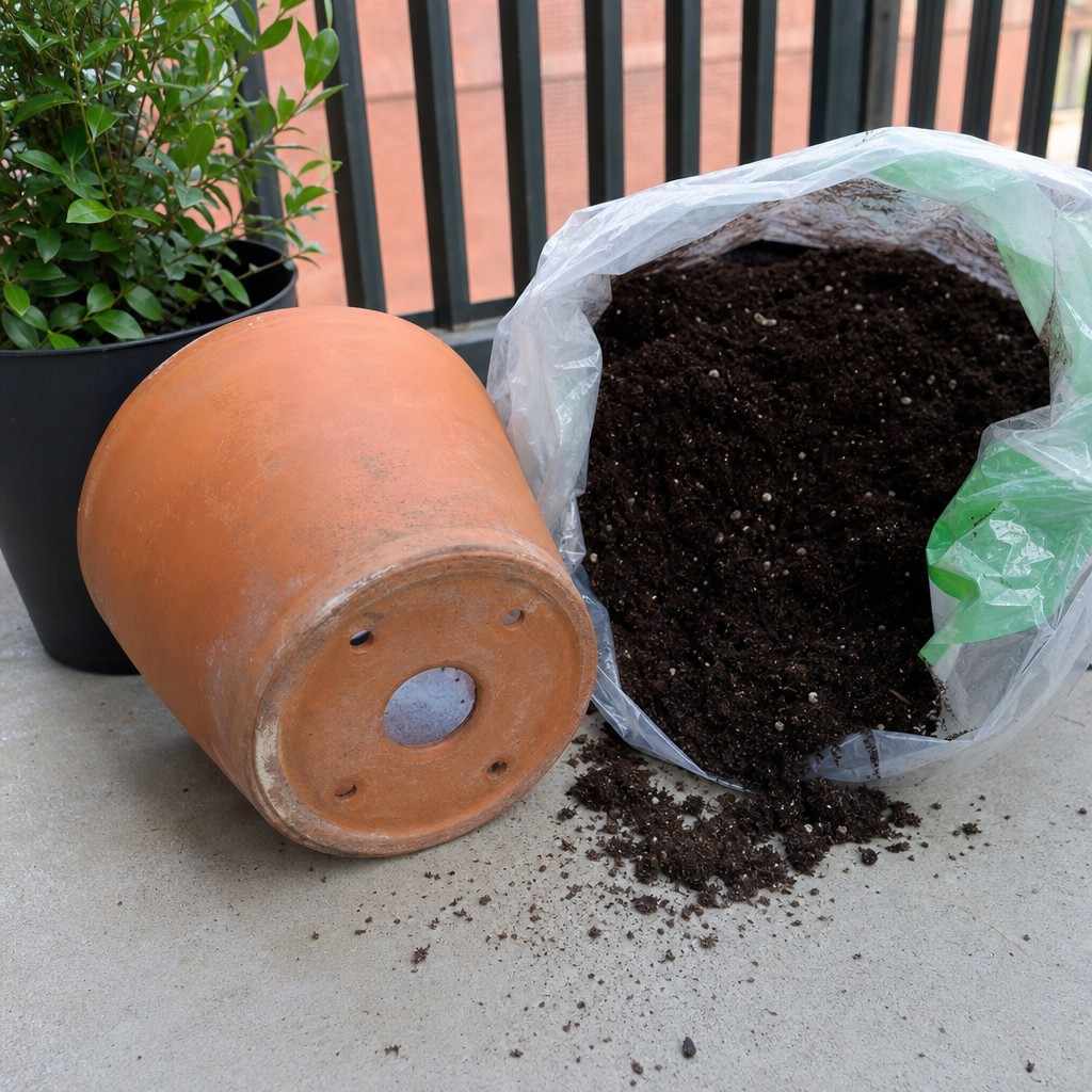 A plain pot turned to show drainage holes beside a bag of potting mix