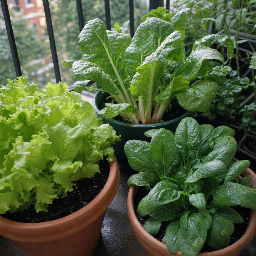 Leafy lettuce and chard growing in plain pots in gentle part-shade light