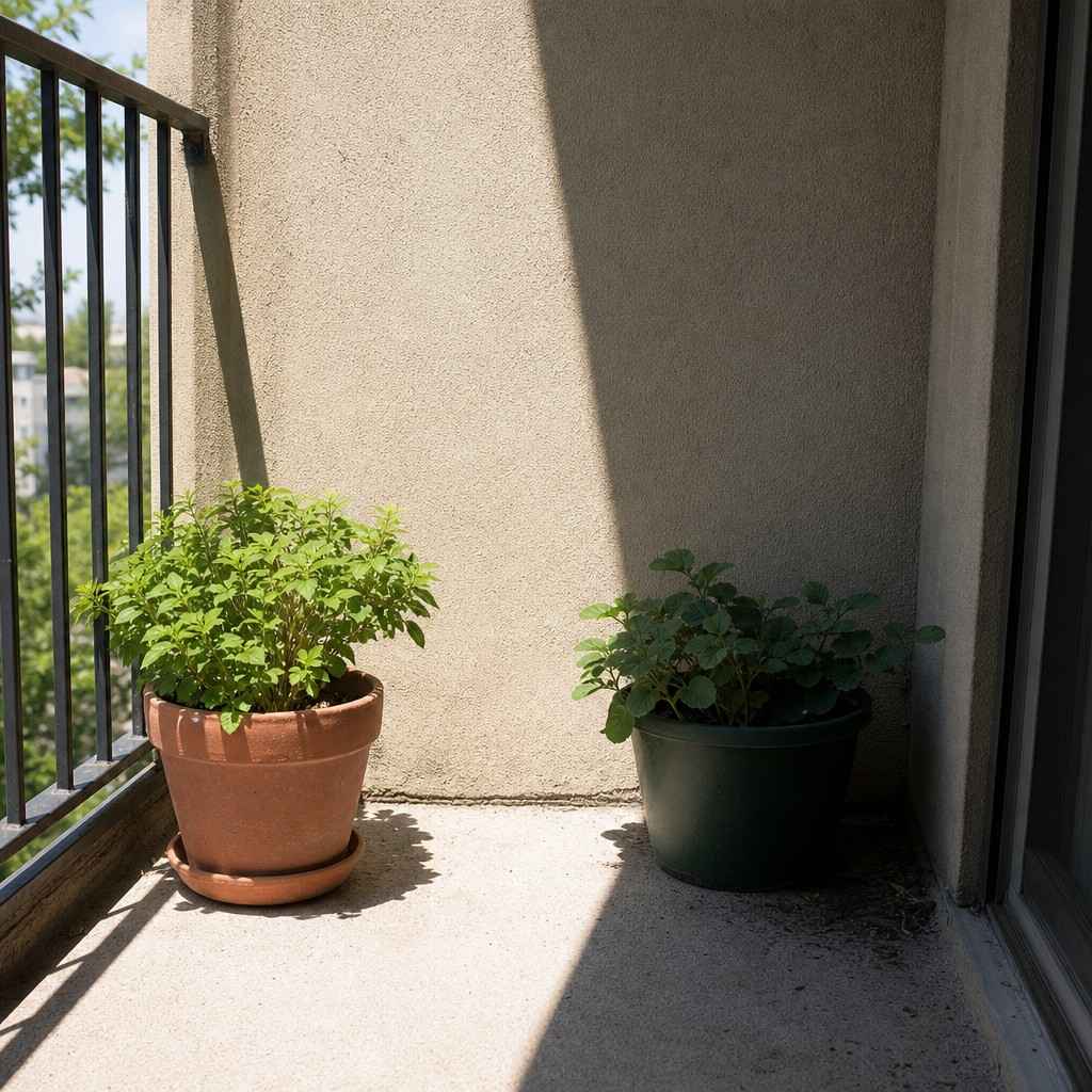 A balcony corner half in sunlight and half in shade