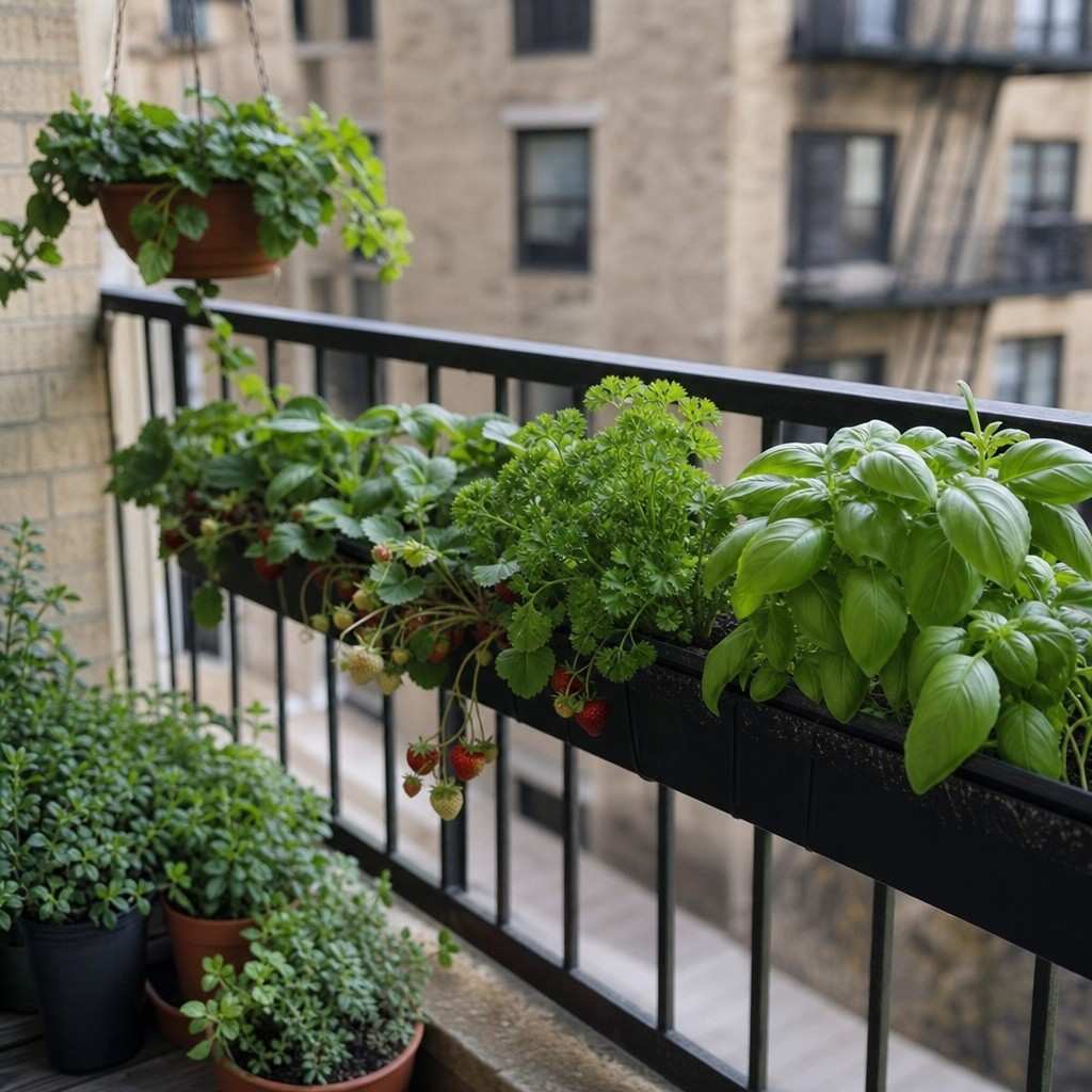 A vertical rack of herbs and strawberries at hand height on a balcony rail
