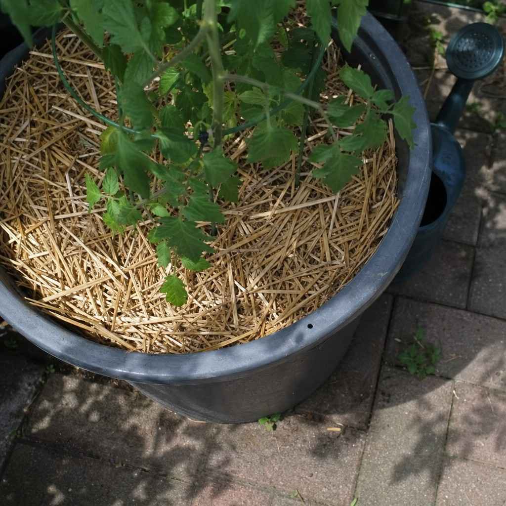 A layer of straw mulch covering the potting mix surface of a large container