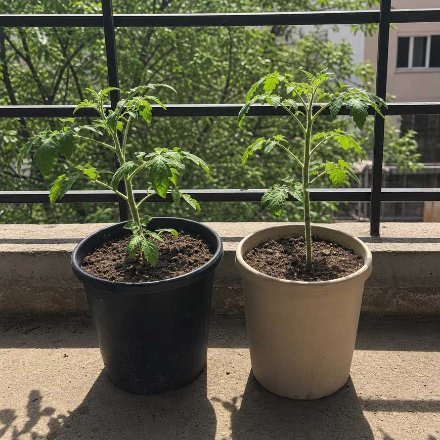 A black plastic pot and a light-coloured pot side by side in full summer sun
