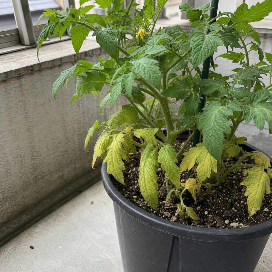 Yellowing lower leaves on a container tomato plant, a sign of nutrient shortage