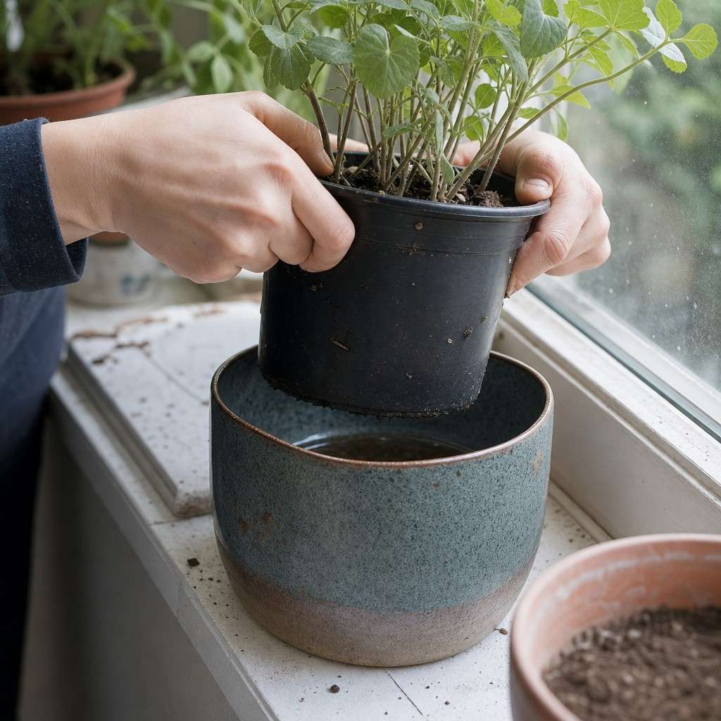 A plain nursery pot being lifted out of a decorative outer pot that has no drainage hole