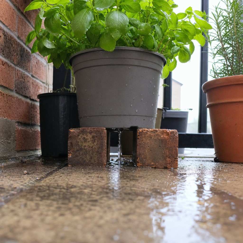 A planted container raised on two bricks with water running freely from the drainage hole underneath