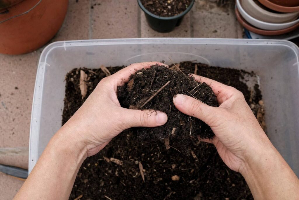 Hands crumbling a handful of last season's dense grey potting mix over a storage tub