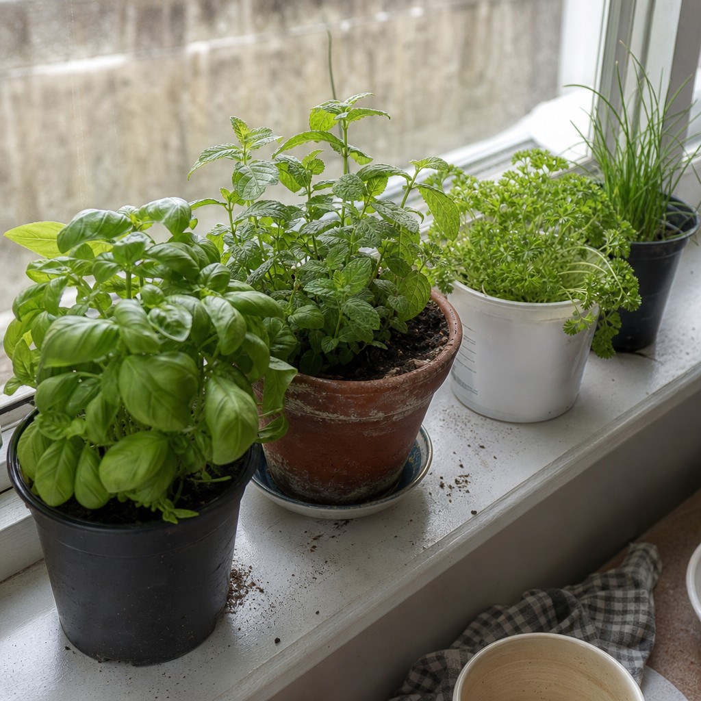 Four mismatched pots of basil, mint and parsley crowded on an ordinary kitchen windowsill