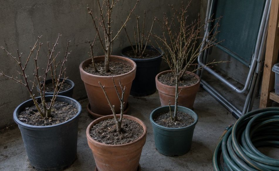 Dormant potted plants standing on a concrete floor in an unheated garage