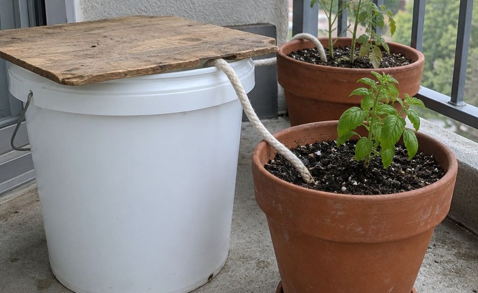A cotton cord running from a covered bucket over the rim and down into a pot of soil