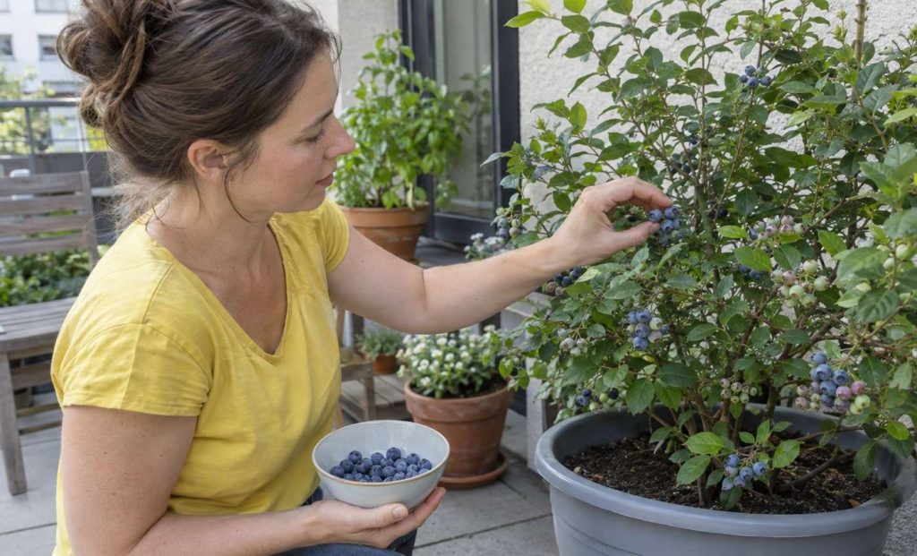 A person picking ripe blueberries from a bush growing in a large pot on a patio