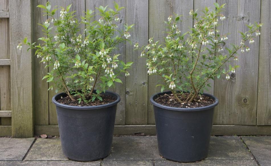 Two young blueberry bushes in large pots side by side on a patio