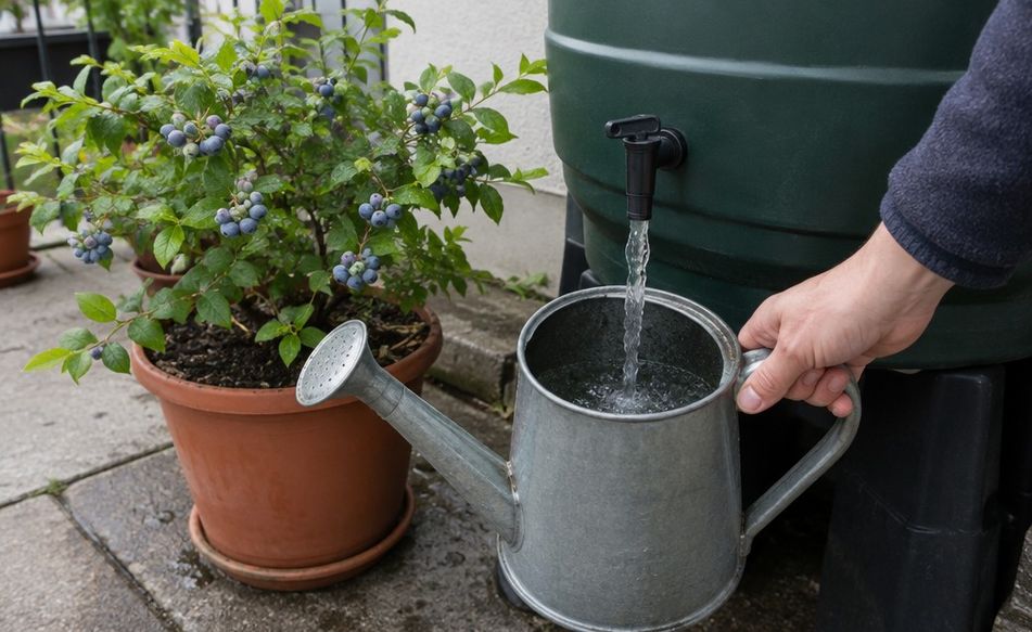Rainwater being poured from a water butt tap into a watering can beside a potted blueberry
