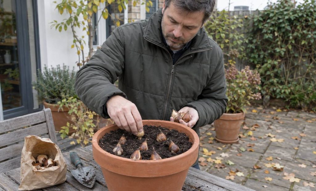 A person in a warm jacket setting tulip bulbs into a wide pot on a patio table in autumn