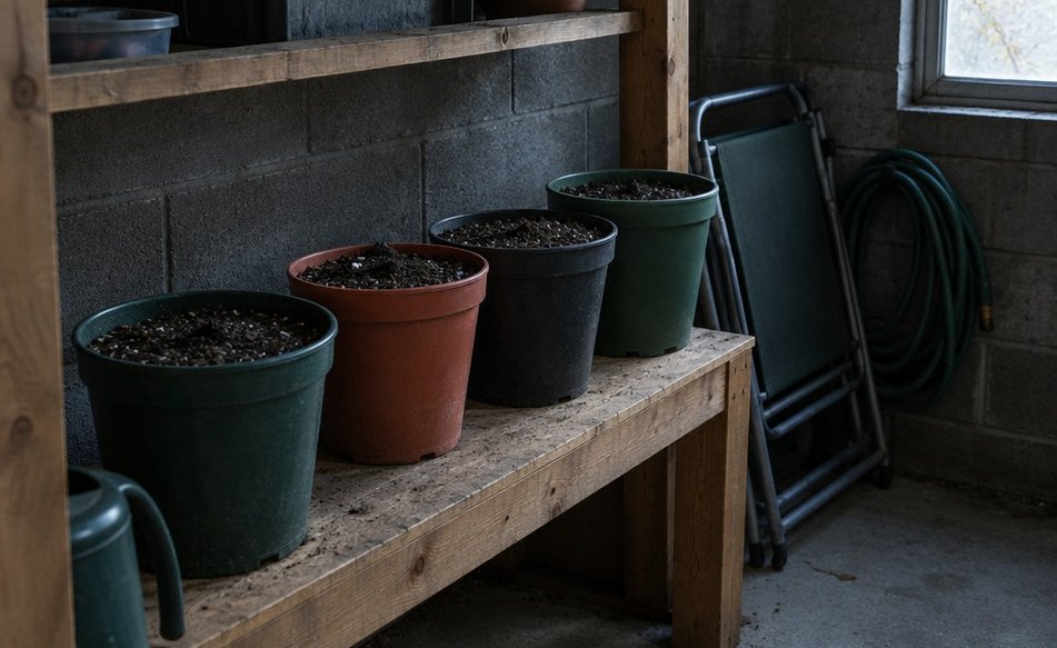 Planted bulb pots standing on a shelf in a cool, dim garage