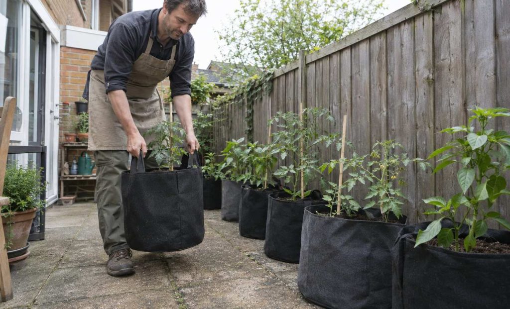 A person on a small patio lifting a filled black fabric grow bag by its handles, more bags with young vegetable plants lined up behind