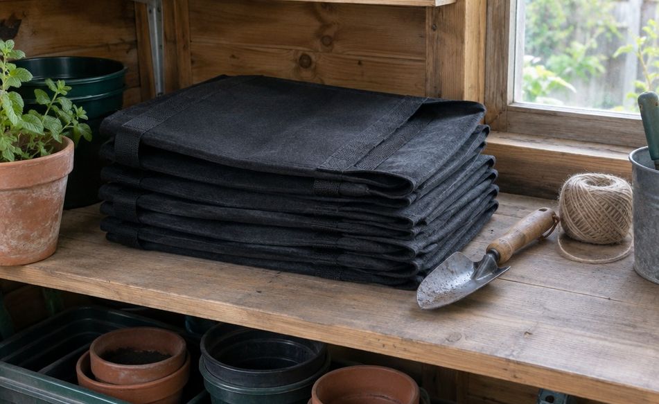 Empty fabric grow bags folded flat and stacked on a shelf at the end of the season