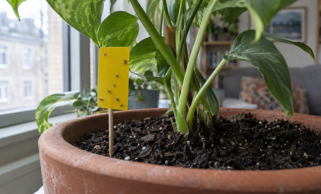 A yellow sticky card on a skewer in a houseplant pot, with a few tiny dark gnats caught on it