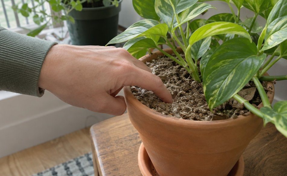 A finger pressed into the top of the potting mix in a houseplant pot to feel if it is dry
