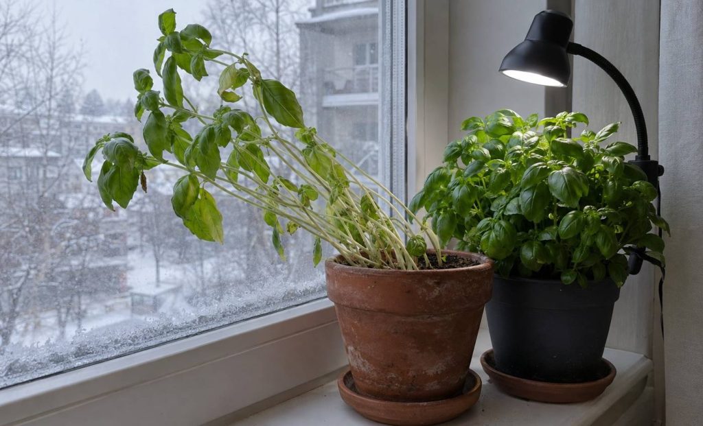 A pale, stretched basil plant leaning toward a dim winter window beside a compact one under a small lamp