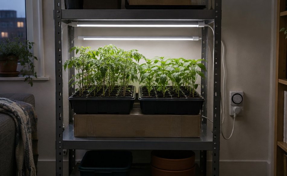 Seedling trays on a shelf with plain white light bars fixed a few inches above them