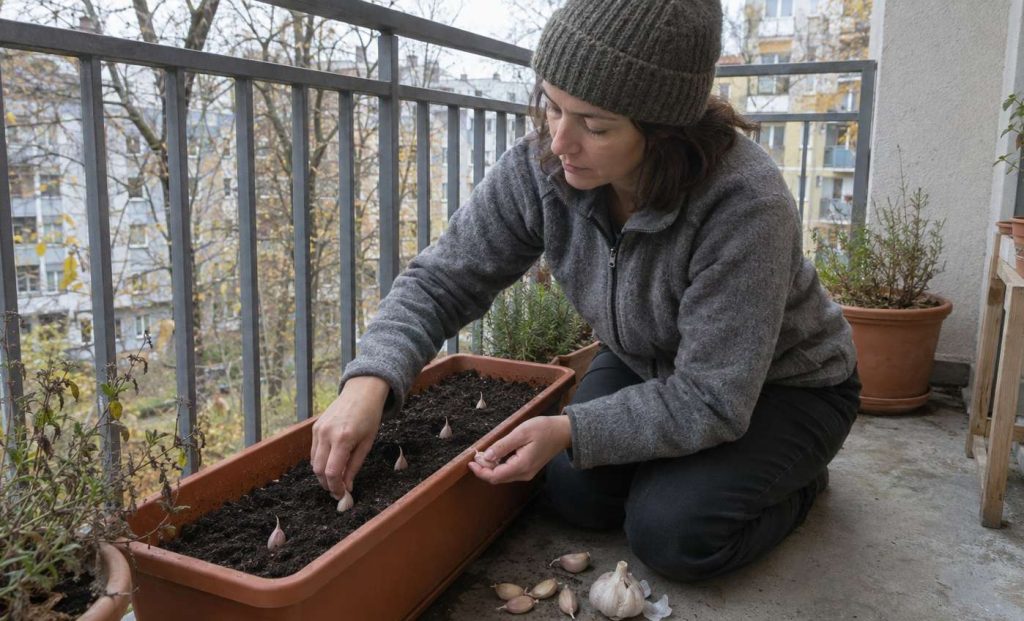 A person in a fleece pressing garlic cloves into a long trough of potting mix on an autumn balcony