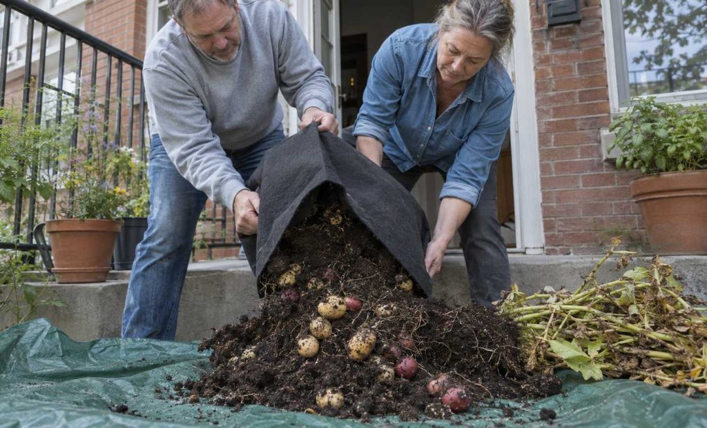 Two people tipping a fabric grow bag onto a tarp to harvest potatoes on a townhouse back step