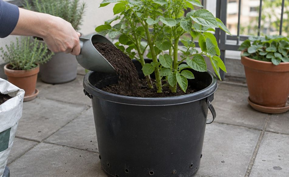 A hand pouring potting mix around leafy potato stems in a half-filled bucket with holes