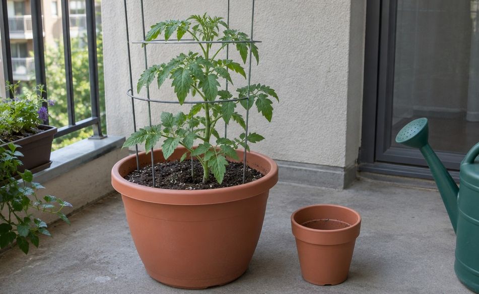 A tomato plant with a cage in a large container on a balcony, compared with a small pot beside it