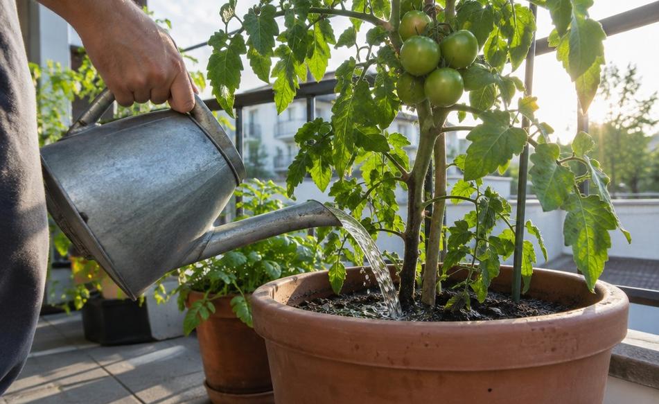 A hand watering the soil at the base of a potted tomato plant early in the morning