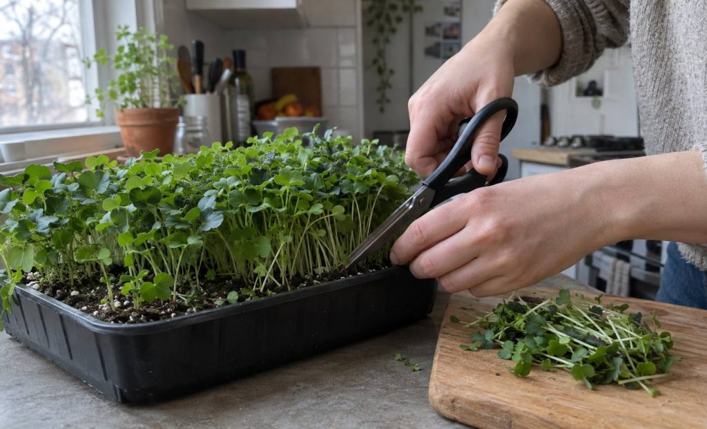 A pair of hands cutting a shallow tray of microgreens at the soil line with kitchen scissors on a counter