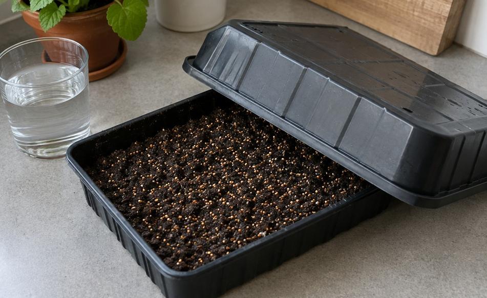 A shallow seed tray of sown seeds covered by a second upside-down tray on a counter