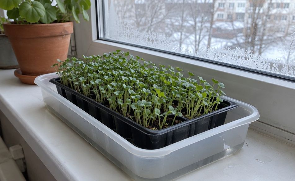 Young microgreens in a tray sitting in a shallow pan of water under a window