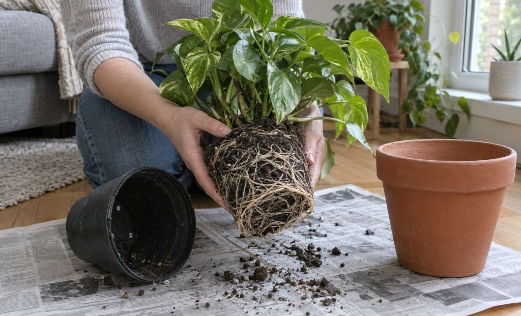 Two hands holding a pothos just slid out of its plastic pot, its roots circling the bottom of the root ball, over newspaper on a living room floor