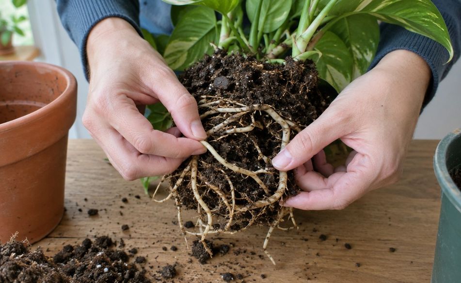 Fingers gently teasing apart the circling roots at the bottom of a root ball