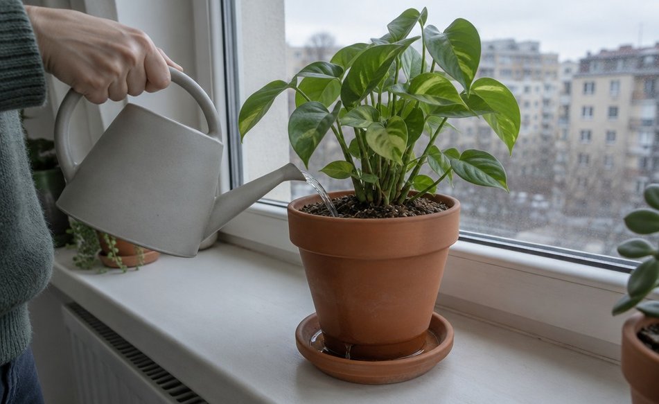 A freshly repotted houseplant in a slightly bigger pot, being watered until water runs from the drainage hole into a saucer