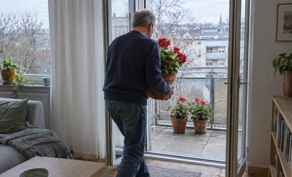 A person carrying a pot of red geraniums in from a balcony through an open glass door