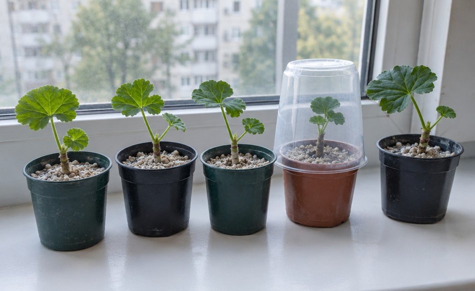 Geranium cuttings rooting in small pots on a bright windowsill