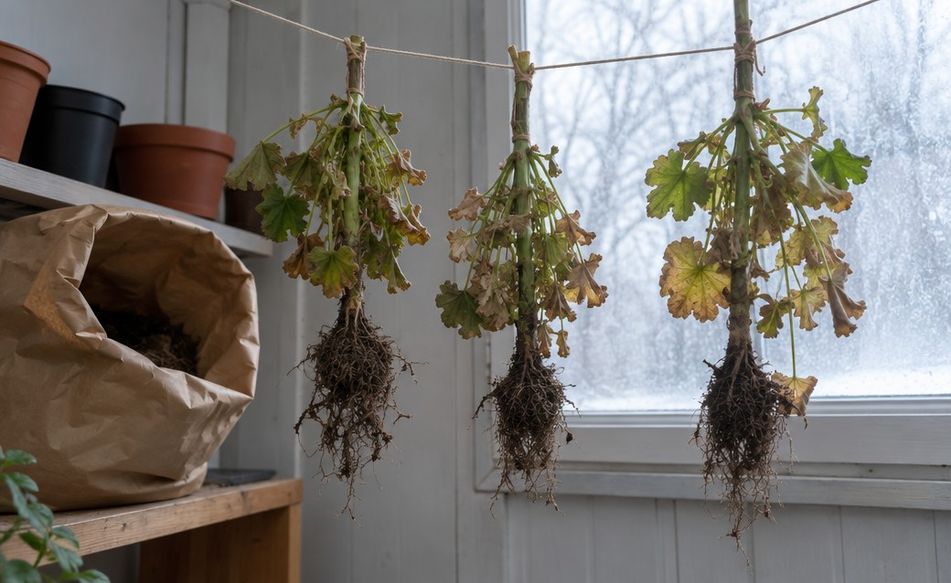 Bare-root geraniums hanging upside down from a line in a cool porch