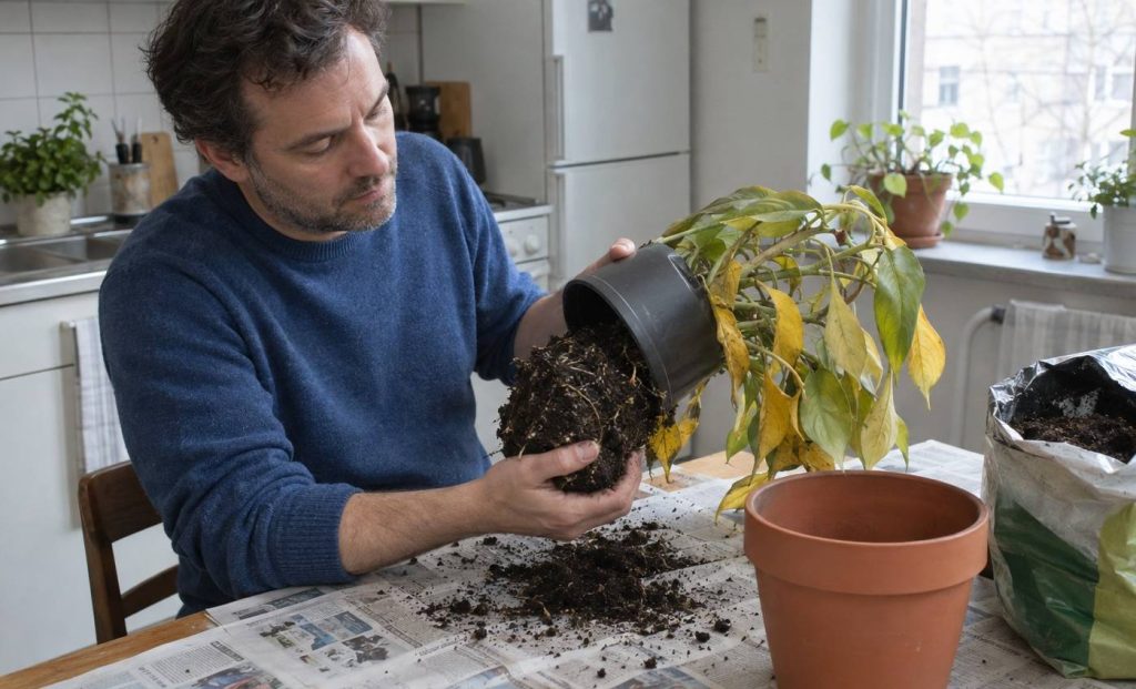 A person easing a wilting houseplant out of its pot over newspaper on a kitchen table to check its roots