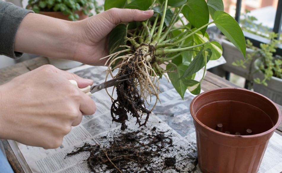 Hands trimming dark roots off a houseplant with small scissors over newspaper