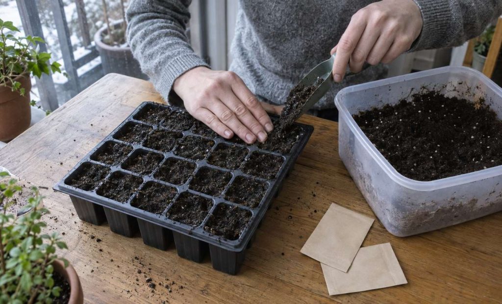 A person at a dining table filling a black plastic cell tray with damp seed-starting mix from a tub, seed packets beside it