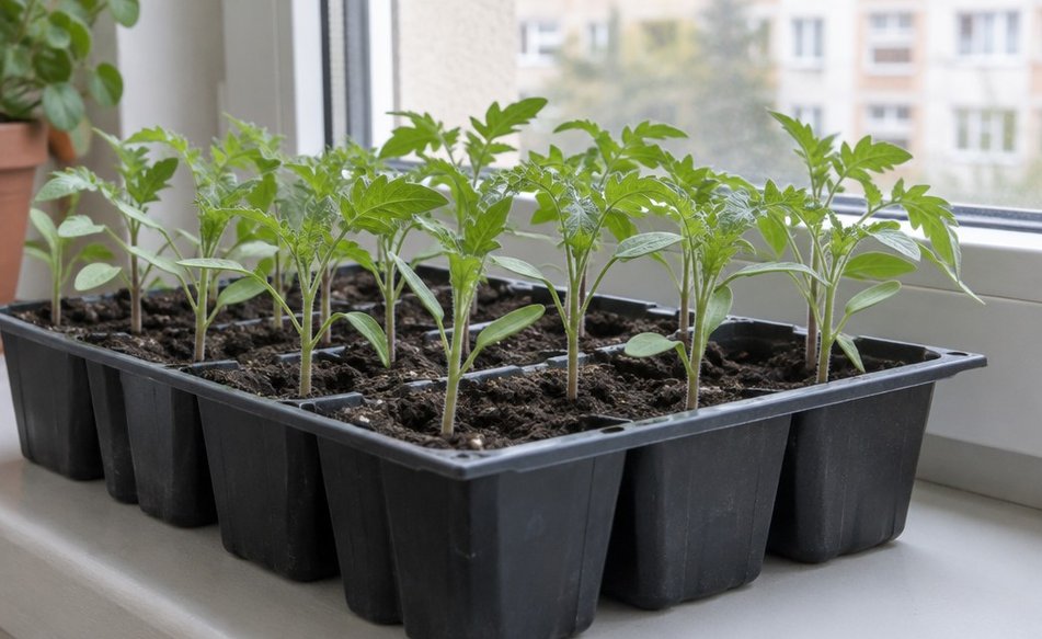 Young tomato seedlings with their first leaves standing upright in a cell tray on a windowsill