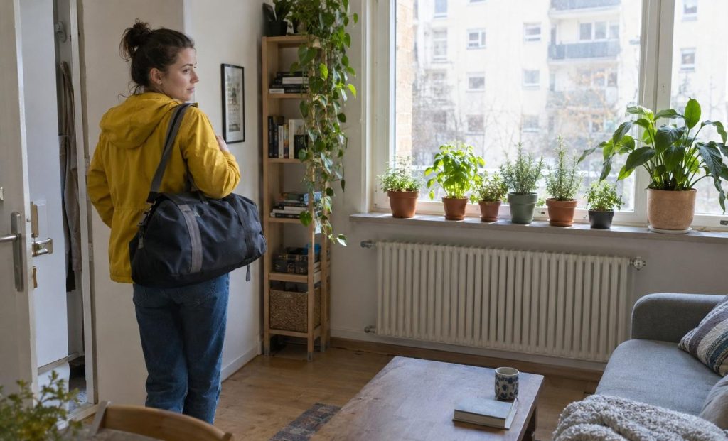 A person with a packed travel bag pausing by the door beside a row of potted herbs and houseplants on a sunny sill