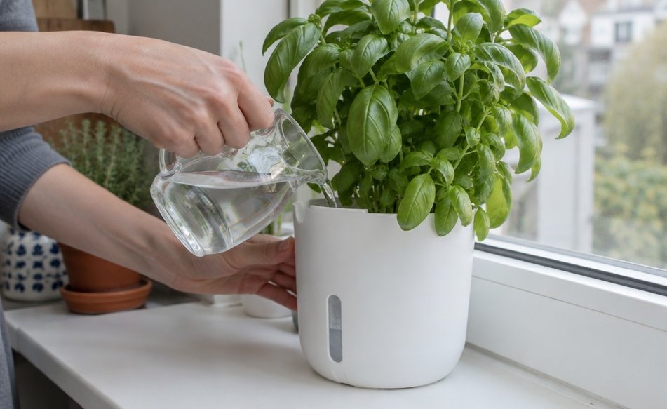 Hands pouring water from a small jug into the fill spout of a plain self-watering pot holding basil