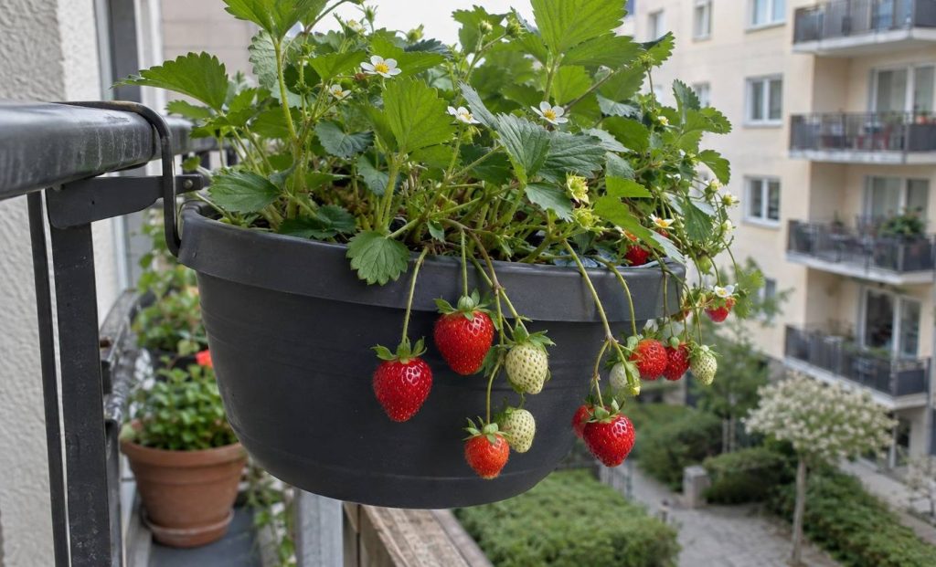 A hanging basket of strawberry plants with ripe red berries hanging over the rim on a balcony