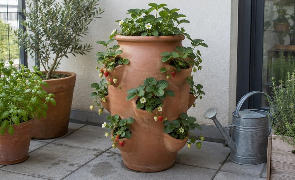 A terracotta strawberry jar with plants growing from its side pockets on a patio